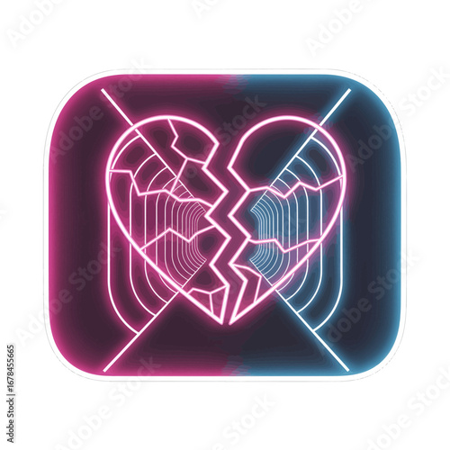 Neon Broken Heart Symbol with Pink and Blue Glow Lines on Dark Background for Conceptual Design and Emotional Theme