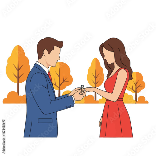 Man Proposing to Woman with Engagement Ring in Autumn Park Landscape With Trees in the Background Illustration