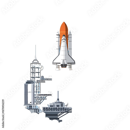 Pixelated Space Shuttle Launching from a Gray Station with Orange Fuel Tank on a White Background