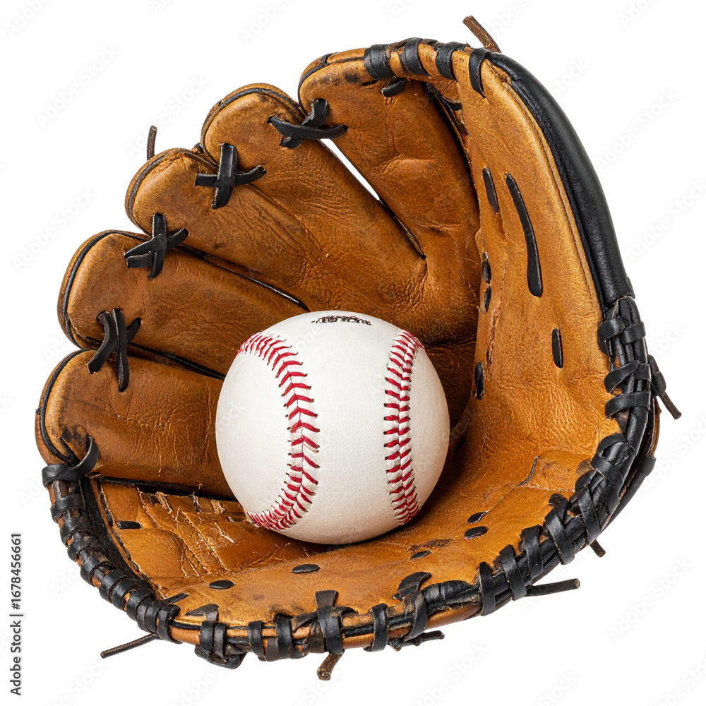 Obraz premium Worn leather baseball glove with a dirty white ball, isolated on a white background