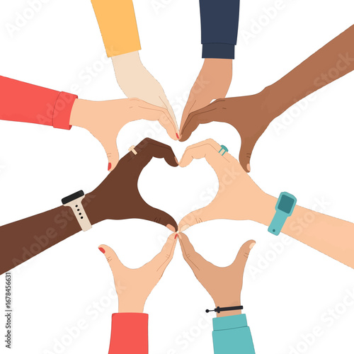 Diverse Hands Forming a Heart Shape Symbol of Unity Togetherness and Love with Various Skin Tones on a White Background