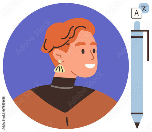 Red-haired person smiling with earrings, next to a translating pen icon for language communication. Ideal for education, creativity, technology, translation, language learning, communication