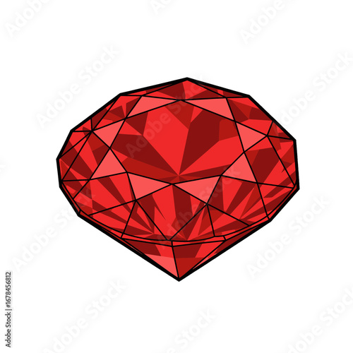 Close Up Red Gemstone Jewel with Multiple Facets in a Vector Illustration Against a White Background
