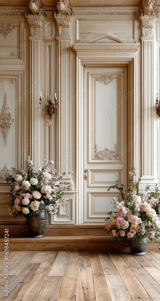 Naklejka premium Cream-toned room with floral arrangements