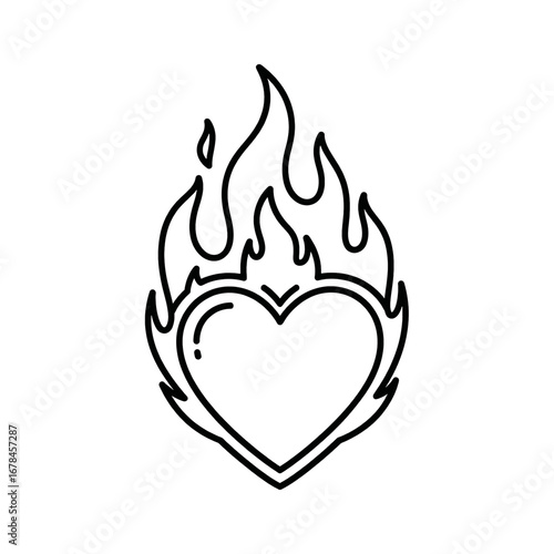 Heart in Flames Bold Outline Design on White Background Isolated Passionate Heart Burning with Fire Detailed Single Line Art