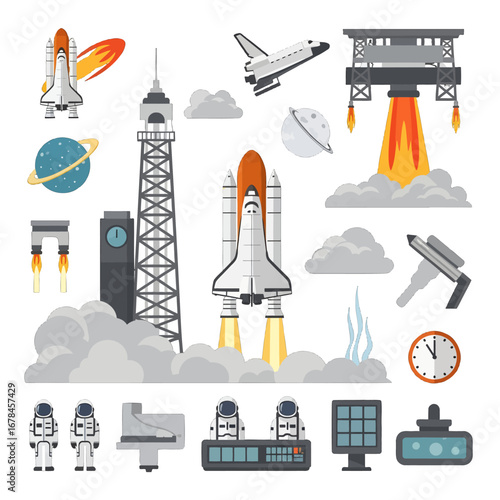 Pixel Art Collection of Space Shuttle Launches and Missions in Retro Style with Isolated White Background Vector Illustration