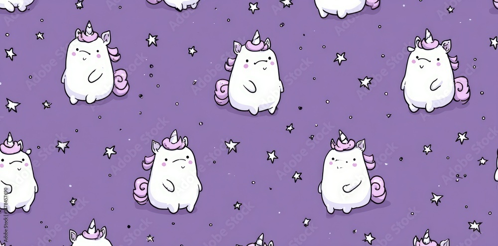 Cute cartoon unicorns in a repeating pattern on a purple background, scattered with stars