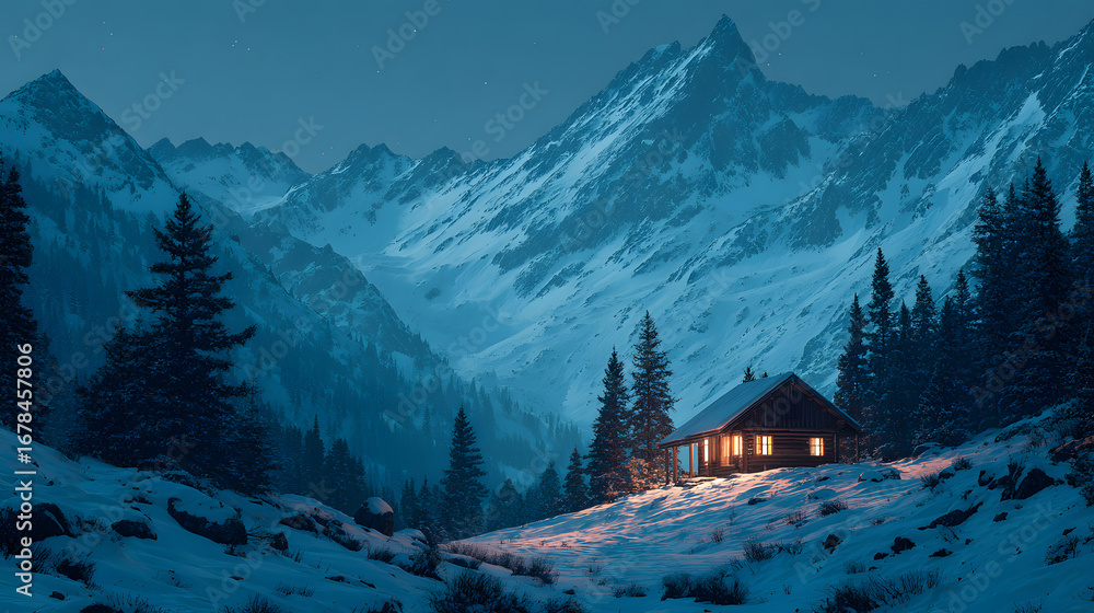 Fototapeta premium Illuminated Mountain Cabin in Snowy Valley at Night