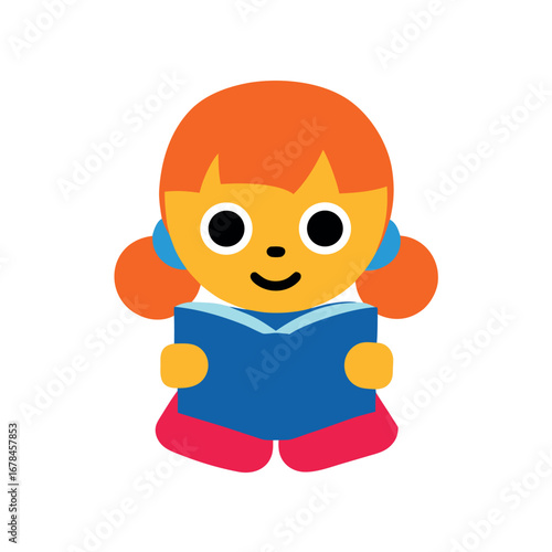 Cartoon schoolgirl enjoying reading in playful colorful art design Vector illustration