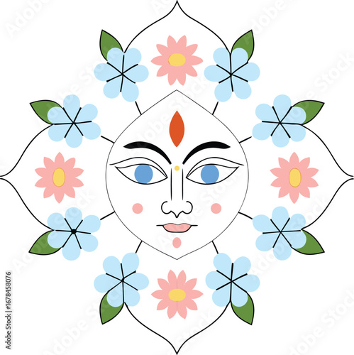 Floral Goddess Face with Blue Eyes and Red Forehead Mark – Symmetrical Cultural Illustration