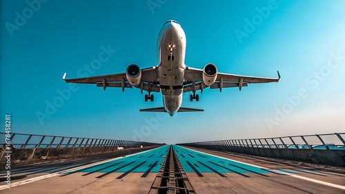 A commercial jet airliner flying low over a bridge with symmetric lampposts under a clear blue sky.