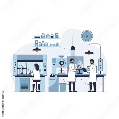 Detailed Illustration of Scientists in a Light Blue Laboratory Setting with Advanced Equipment and Technology for Research and Analysis