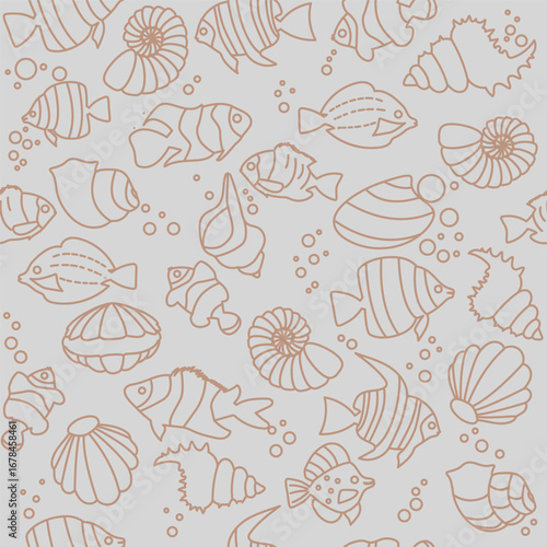 Tropical fishes, shells lineart seamless pattern. Cute funny underwater characters