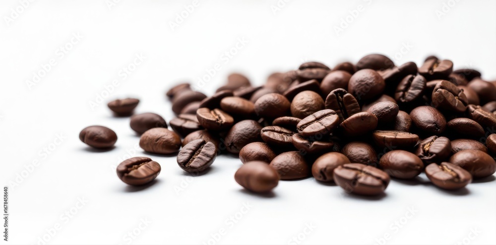 Naklejka premium Flay lay of medium-dark roasted peaberry coffee beans on white backdrop , caffeine, medium roast, rich