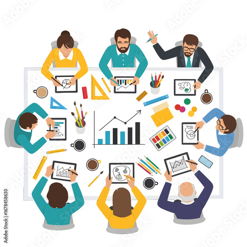 Diverse Team Discussing Business Strategy Around a Table Top View with Charts and Geometric Tools in a Brightly Lit Room