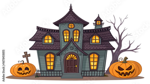 Cartoon Haunted House with Glowing Windows, Pumpkins, and Spooky Halloween Decor