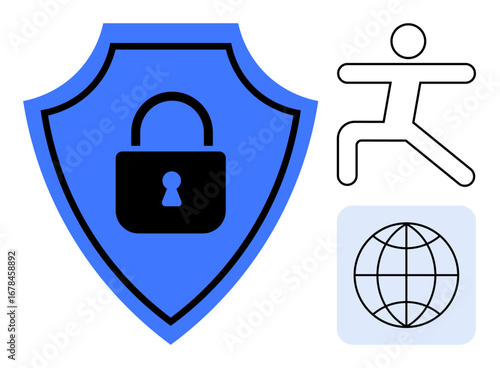 Blue shield with padlock highlights security. Human figure suggests balance and activity. Globe emphasizes global reach and connection. Ideal for technology, cybersecurity, privacy, fitness, health