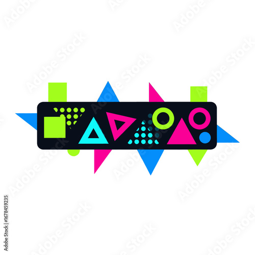 Abstract Geometric Composition Featuring Vibrant Neon Colored Shapes on Dark Background