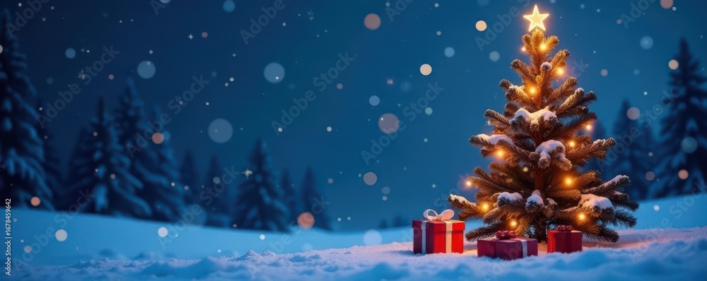Obraz premium Snowy night scene, abstract winter landscape, decorated Christmas tree, gift under tree , abstract, magic, decoration