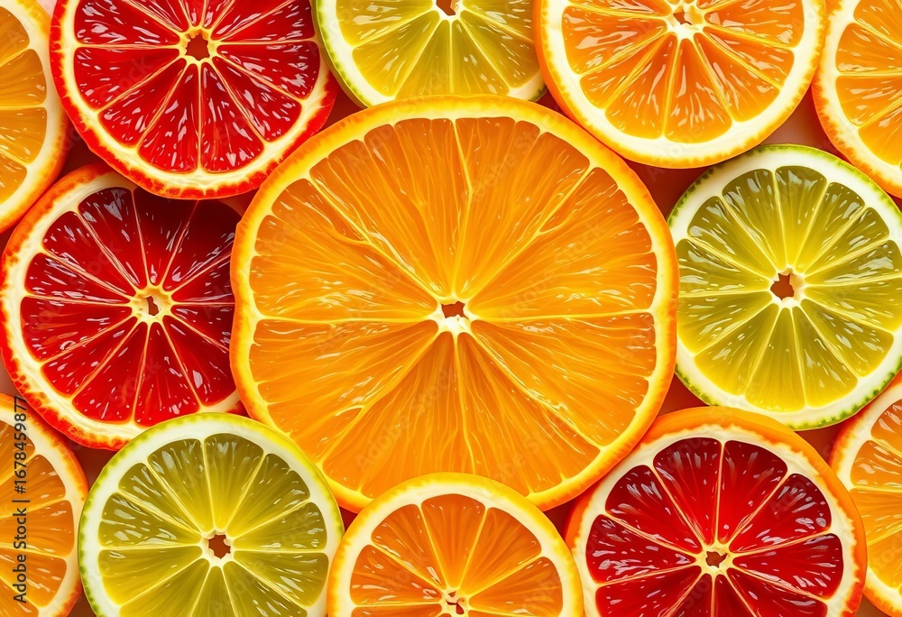 Fototapeta premium Precisely arranged citrus slices form a vibrant geometric pattern, composition, art