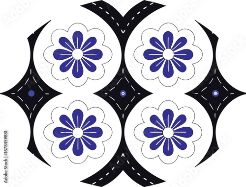 Floral pattern featuring four flowers arranged in a square with decorative elements around them