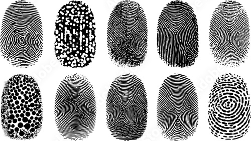 Set of fingerprint patterns with various line and dot textures. Isolated detailed vector illustration for identification and security.