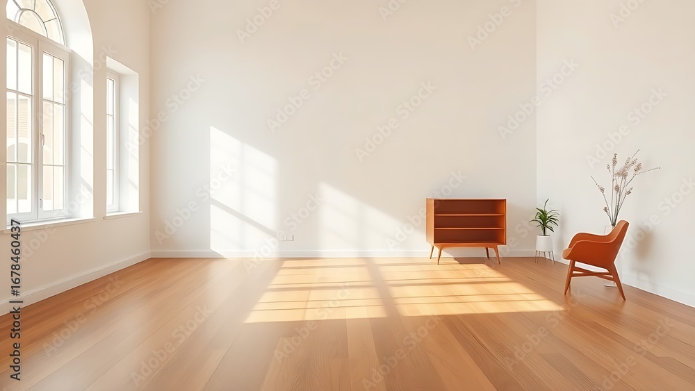 Fototapeta premium Minimalist living room with clean white walls and warm wood flooring, featuring mid-century modern furniture and soft natural light.