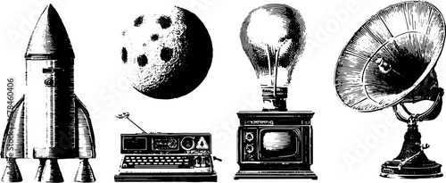 Vintage set of rocket, moon, lightbulb, television, typewriter, and gramophone in black and white handdrawn style. Vector illustration.