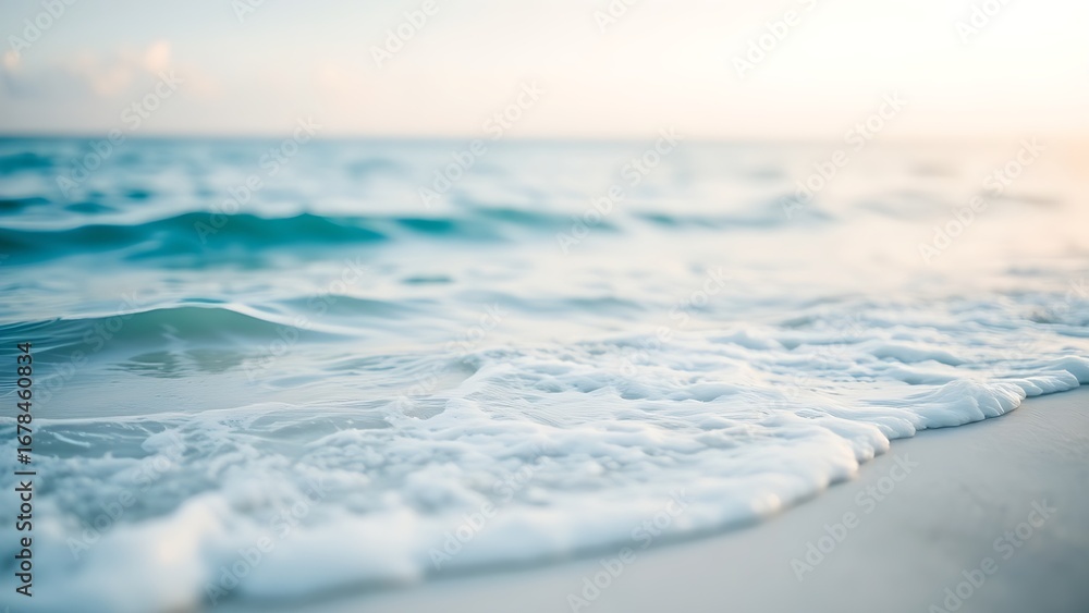 Fototapeta premium Calm blue ocean waves gently rolling onto a white sandy beach, evoking tropical serenity.