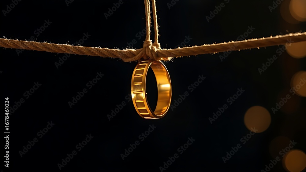 Fototapeta premium Golden wedding bands hanging on a thin rope against a dark backdrop, symbolizing love and elegance.