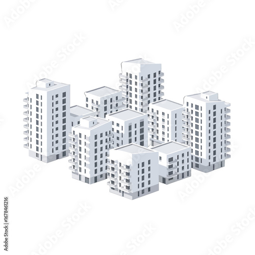 Isometric Cityscape Illustration of White Geometric Buildings on a White Background Urban Architecture