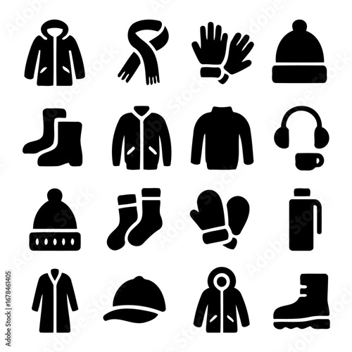 Winter Clothing: A compilation of sleek, silhouette icons showcasing essential cold-weather attire. This array features coat, scarf, gloves, beanie, boots and other winter apparel elements in a flat.
