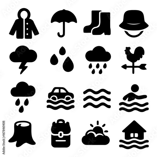 Weather Icons: A comprehensive collection of weather-related icons, clearly illustrates elements associated with rainy conditions and floods, suitable for various design projects.