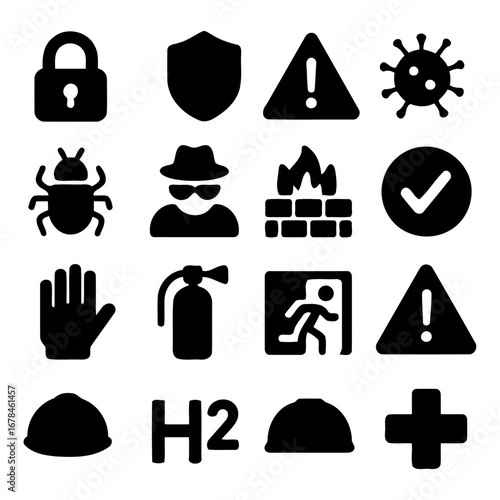 Safety Icons: A collection of meticulously crafted black icons, representing various safety and security measures, are arranged against a clear background.