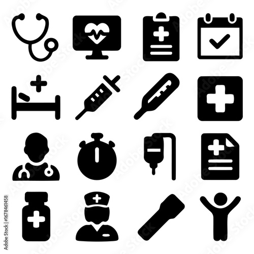 Medical Icon Set: A clean collection of minimalist black and white medical icons perfect for healthcare and wellness related projects. Capturing the essence of health and medical concept.