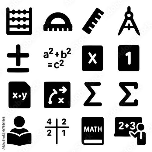 Mathematics Tools Collection: A compilation of essential mathematics tools, rendered in striking detail and high contrast, providing a visual guide to the fundamentals of calculation, geometry.