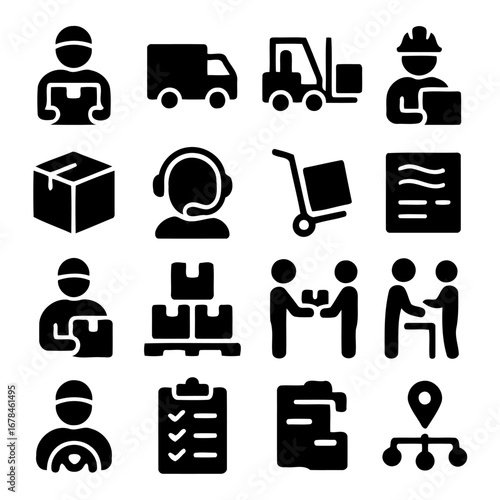 Logistics and Supply Chain Icons: A concise yet expressive illustration displaying essential elements of logistics, supply chain, and distribution process.