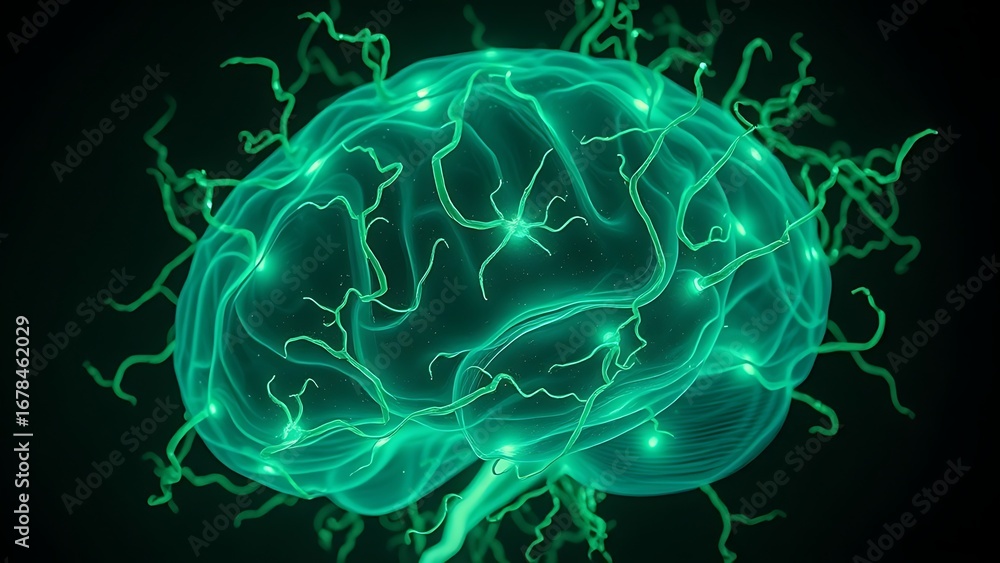 Obraz premium A translucent brain entwined with glowing green bioluminescent vines, pulsing with mysterious energy.