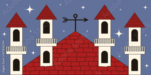 Fairytales. Vector illustration of roof of fairy-tale castle with towers and a weather vane and night starry background. Fairy art. Perfect girly room interior art poster cover.  EPS 10