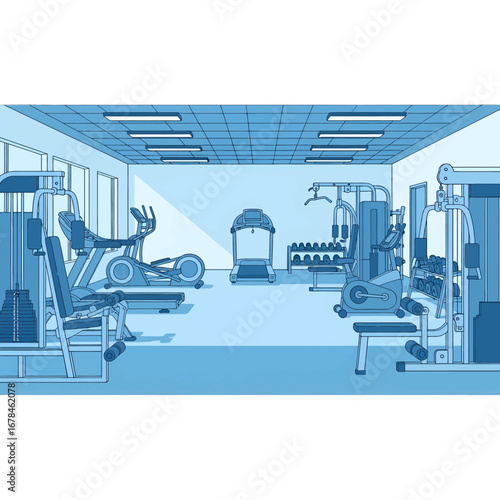 Indoor Gym with Exercise Equipment in Shades of Blue Cardio and Weight Training Machines for Fitness in Isometric Perspective