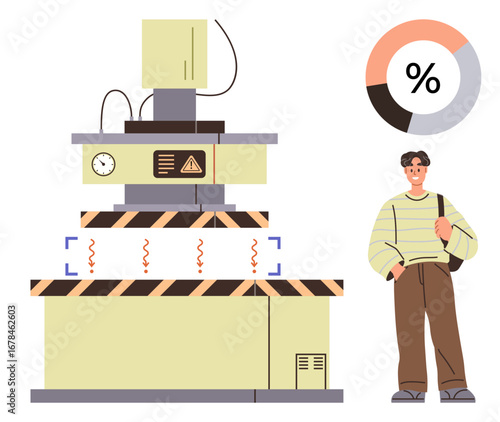Industrial equipment emitting heat with warning signs, standing man holding bag, and circular percentage chart. Ideal for industry, production, analysis, safety, business statistics workflow. Flat