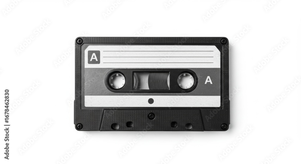 Naklejka premium Monochrome audio cassette tape on white, embodying retro music and nostalgia
