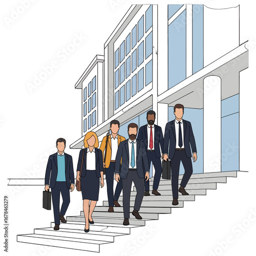Diverse Group of Business Professionals Walking Down Exterior Stairs Near Modern Office Building on Bright Day