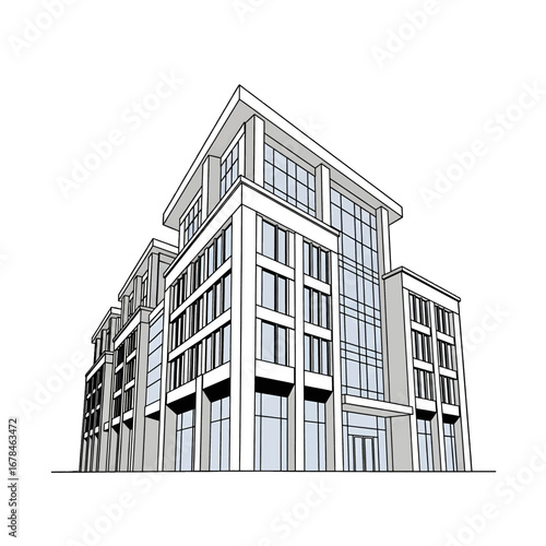 Detailed Architectural Sketch of a Contemporary Multi Story Building with Clean Lines and Geometric Windows in Black and White