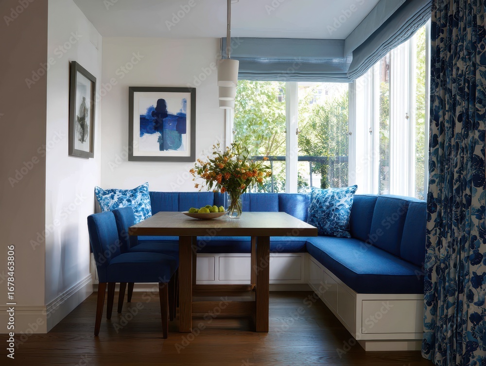 Fototapeta premium Cozy corner dining area with blue seating.