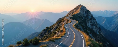 A winding road ascending a mountain, symbolizing the journey and progression of a career path, reaching for success and new heights ,  aspiration,  professional growth,  peak