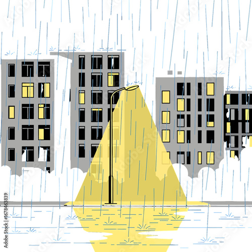 Cityscape with Rain Falling and Street Light Glowing in Gray Buildings with Window in Urban Setting during Overcast Weather