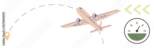 Airplane following a dotted flight path with speedometer and arrow accents for navigation, movement, and travel. Ideal for aviation, transportation, logistics, timing, planning, vacations global
