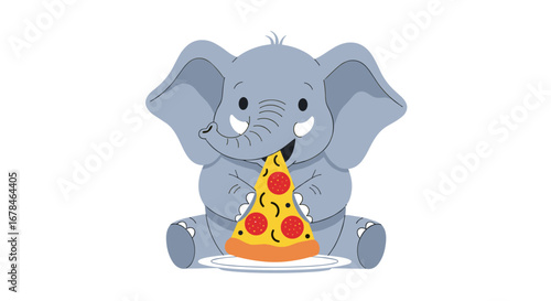 Cute elephant enjoying a delicious slice of pepperoni pizza, perfect for children's designs