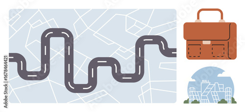 Curved road on abstract map emphasizes pathways. Brown leather briefcase and modern city skyline symbolize professional journey. Ideal for career growth, navigation, planning, travel, ambition